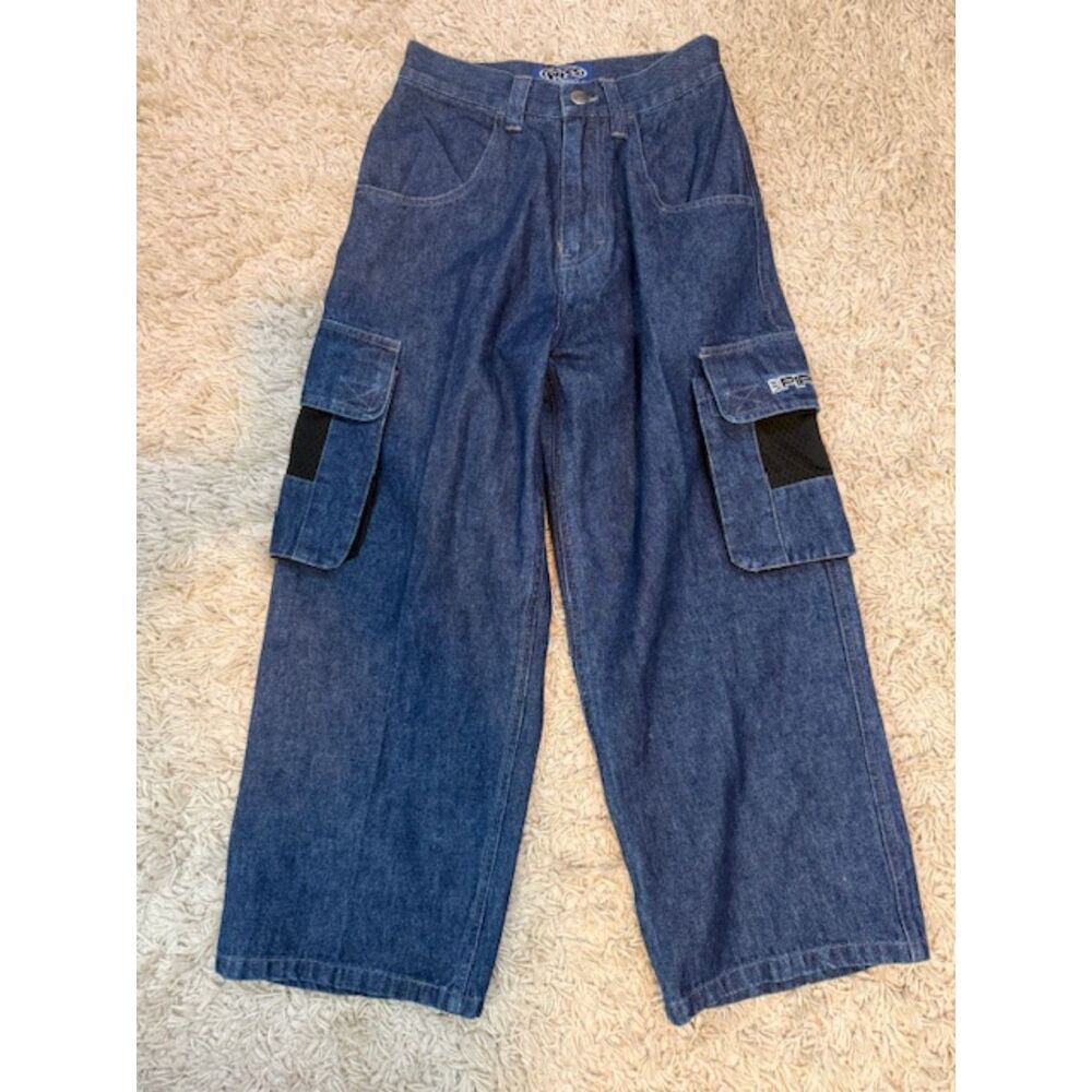 Vintage 00s Lee Pipes Baggy Cargo Jeans XS/S Y2K Mesh Pockets Blue JNCO Style‎